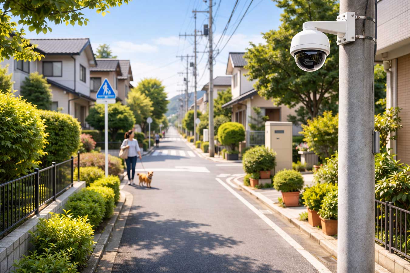 住宅地の街頭防犯カメラと、地域の安全を見守る運用イメージ